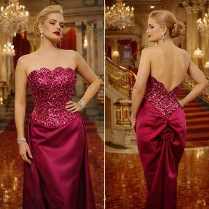 Mike Benet Vintage 80's Satin & Sequins Formal W/ Bow & Train Hot Pink XXS/XS